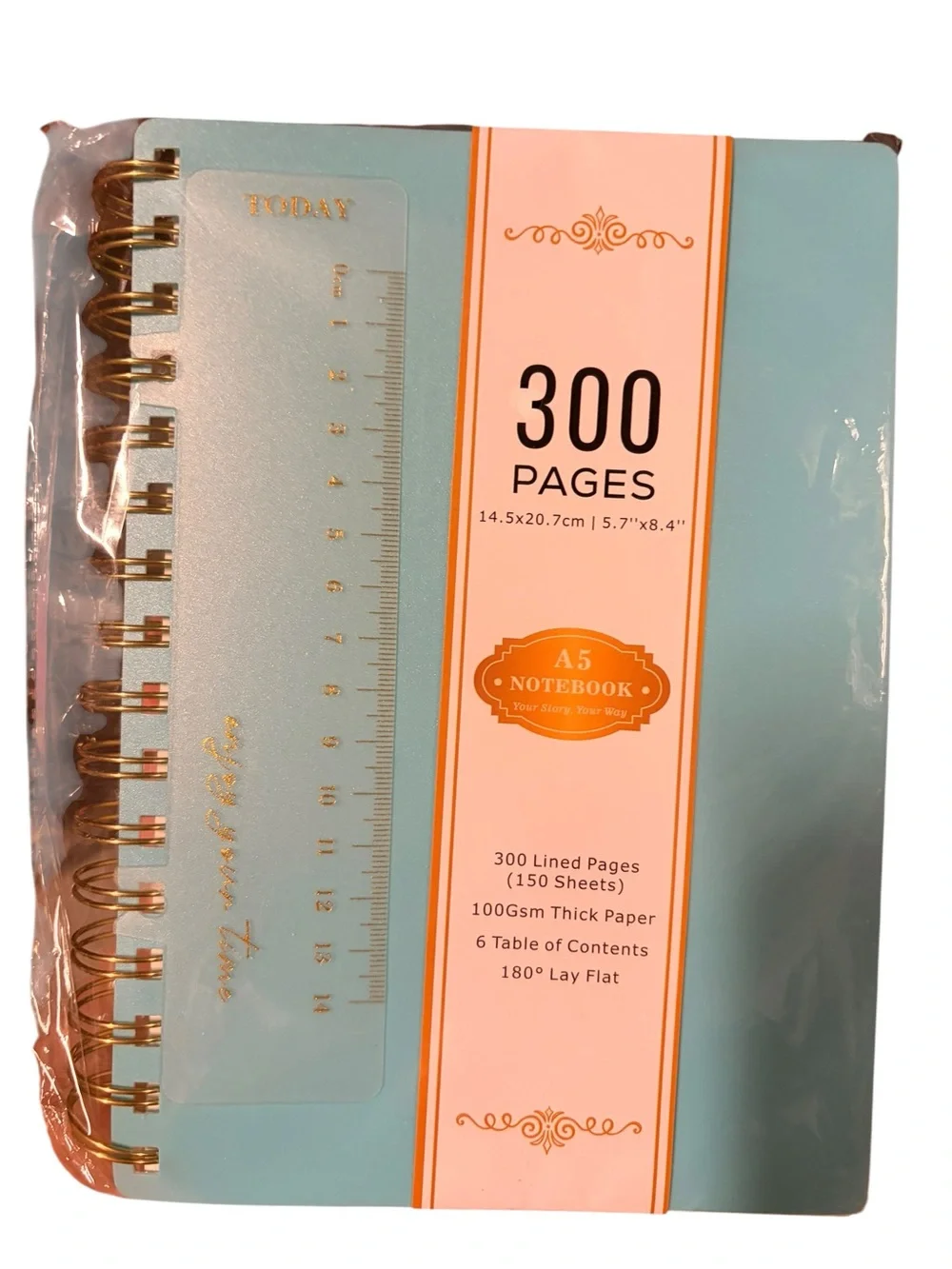 NWT- A5 Turquoise Spiral Notebook with Ruler - 300 Pages